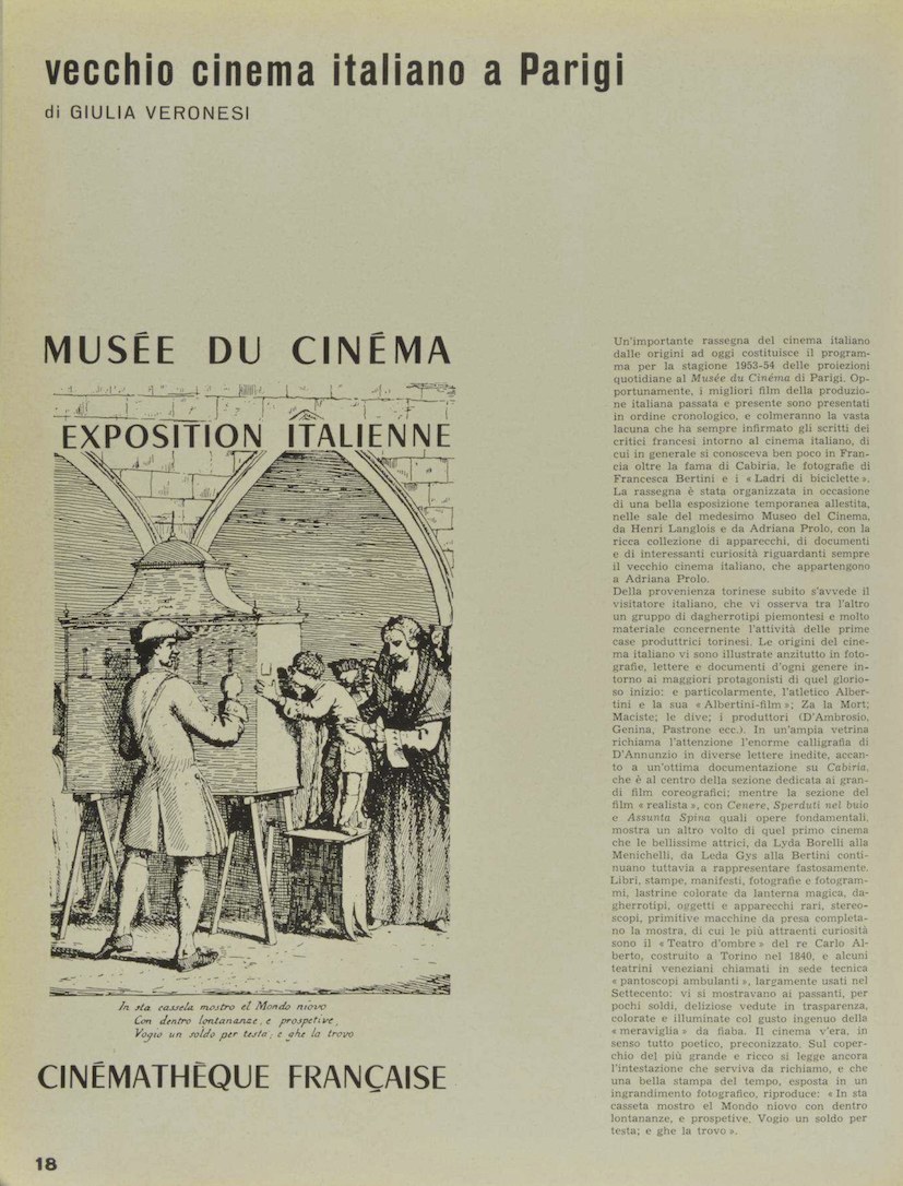 <p>Fig. 4 &lsquo;Vecchio Cinema Italiano a Parigi&rsquo;, articolo di Giulia Veronesi pubblicato su <em>Ferrania</em>, luglio 1954, p. 18</p>