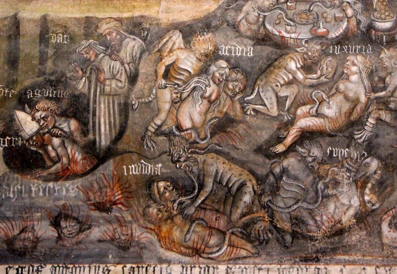 fig. 8 Albenga, San Giorgio di Campochiesa, Giudizio universale, particolare dell&rsquo;inferno, affresco 1446
