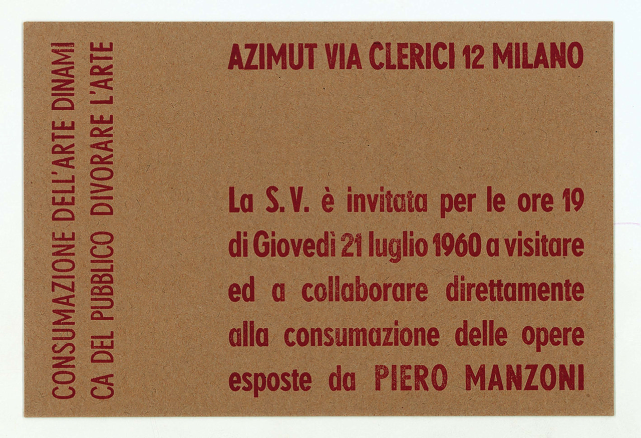Invito alla mostra Consumazione dell&rsquo;arte dinamica del pubblico Divorare l&rsquo;arte, 21 luglio 1960, Milano, Azimut
