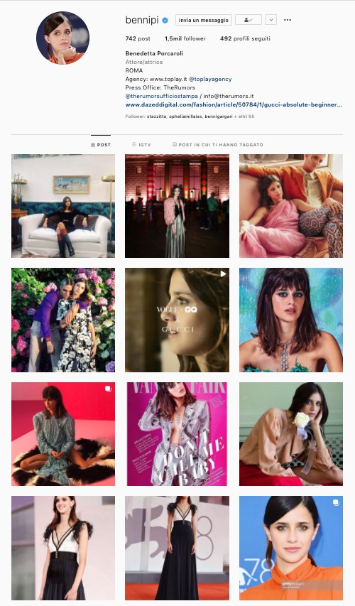 Profilo Instagram di Benedetta Porcaroli&nbsp;@bennipi
