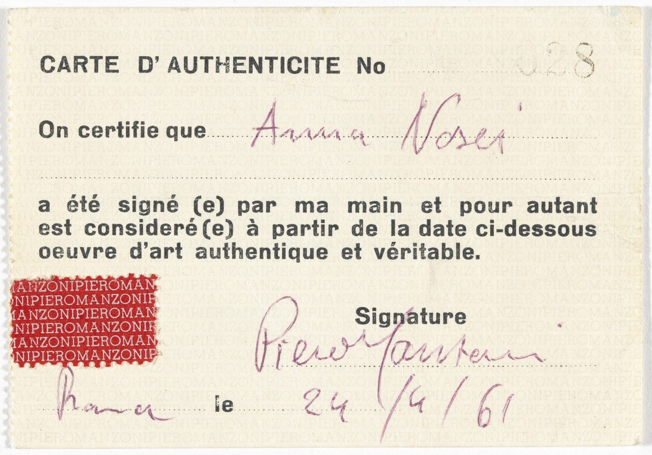 Piero Manzoni, Declaration of Authenticity No. 028 (Carte d&#39;authenticit&eacute; No. 028), 196. Courtesy MOMA firenze@scalarchives.com

