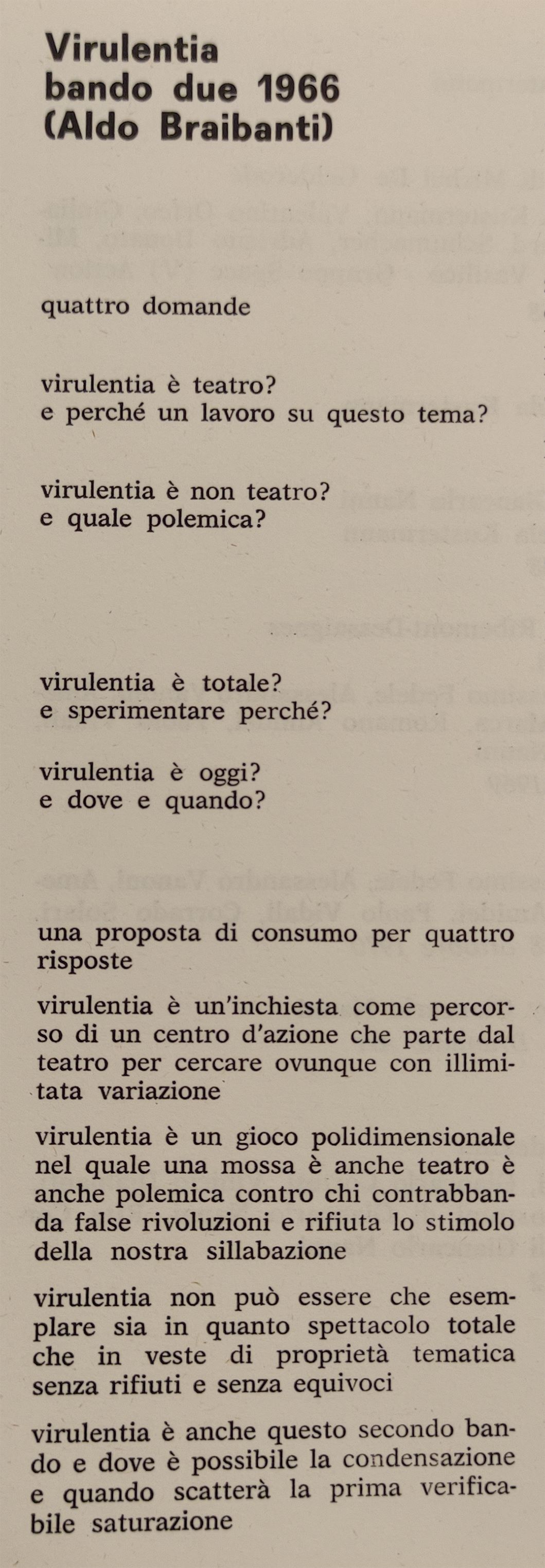 Presentazione del Secondo bando per &lsquo;Virulentia&rsquo;, in G. Bartolucci (a cura di), La scrittura scenica, Roma, Lerici, 1968
