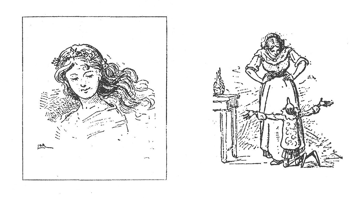 Fig. 1a. Enrico Mazzanti, La Bella bambina dai capelli turchini fa raccogliere il burattino&nbsp;1b. Enrico Mazzanti, Pinocchio riconosce la Fata nella buona donna

