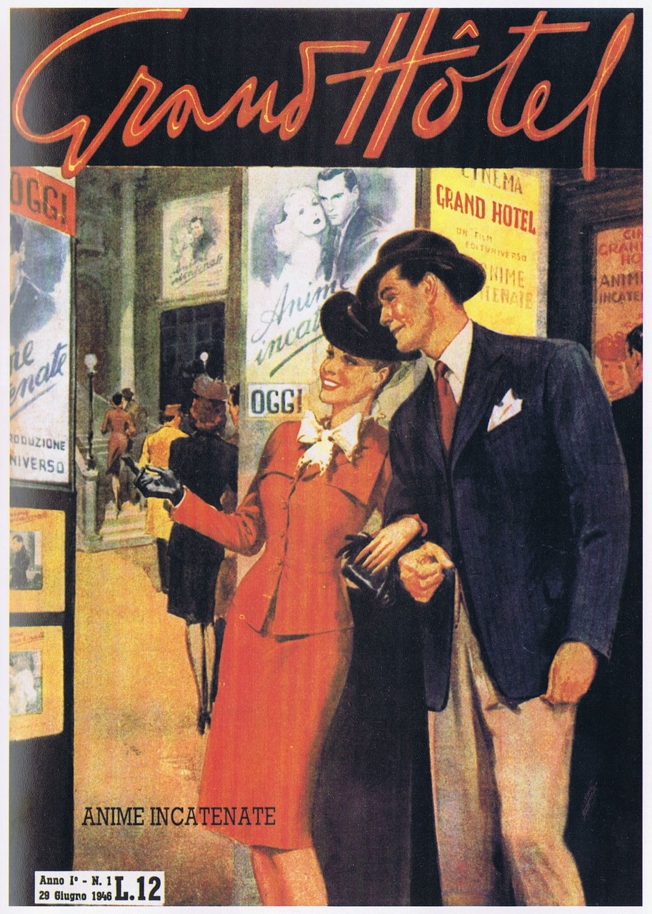 Premi&egrave;re couverture de Grand H&ocirc;tel (29 juin 1946), le magazine du c&oelig;ur qui lance le genre du &lsquo;roman dessin&eacute;&rsquo;, d&#39;o&ugrave; na&icirc;tra plus tard le roman-photo
