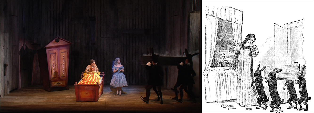 Fig. 2. I conigli portano la bara nella casa della fatina: l&rsquo;opera di Dove (messa in scena presso il Sadler&rsquo;s Wells Theatre di Londra, 2008) e l&rsquo;illustrazione di Carlo Chiostri (1901)
