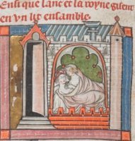 fig. 3&nbsp;Lancillotto e Ginevra a letto,&nbsp;London, British Library, ms.&nbsp;Add. 10293 (inizi secolo XIV, forse 1316), f. 312v.&nbsp;
