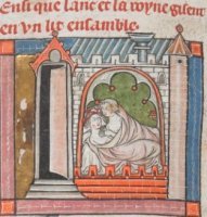 fig. 3&nbsp;Lancillotto e Ginevra a letto,&nbsp;London, British Library, ms.&nbsp;Add. 10293 (inizi secolo XIV, forse 1316), f. 312v.&nbsp;
