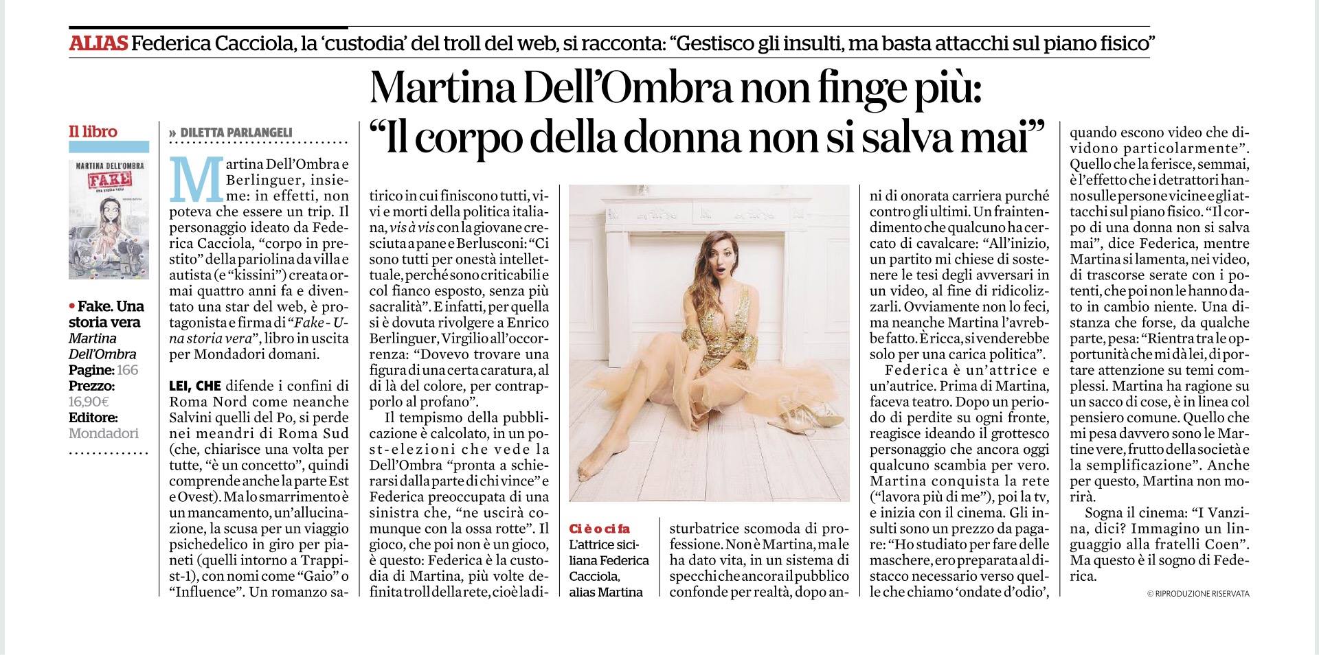 Fig. 4 Diletta Parlangeli, &lsquo;Martina Dell&rsquo;Ombra non finge pi&ugrave;&rsquo;, Il fatto quotidiano, 5 marzo 2018
