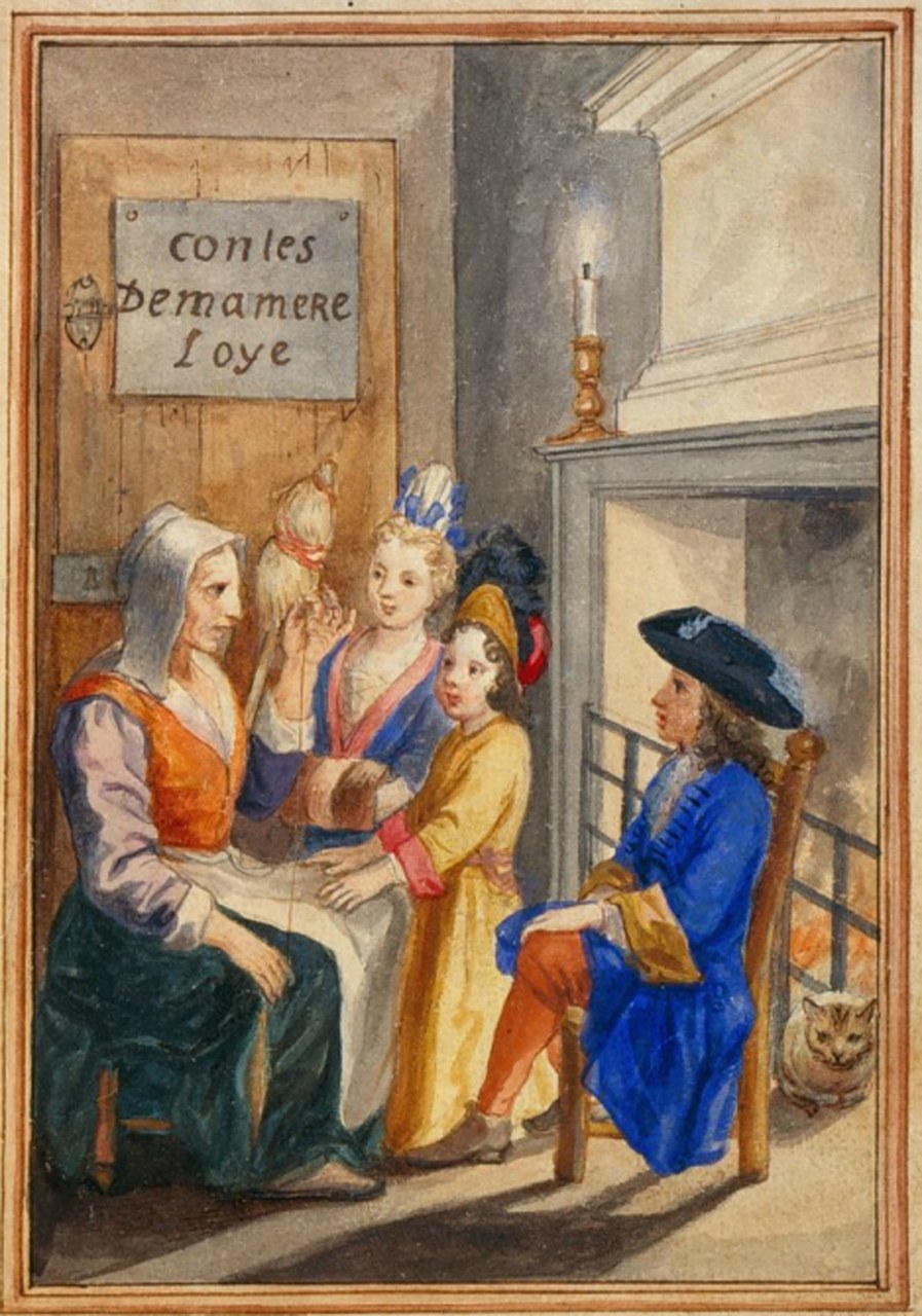 Fig. 1 Anonimo disegnatore della fine del XVII secolo, Disegno del frontespizio dei Contes de ma m&egrave;re l&rsquo;Oye, 1695, New York, Morgan Library (wikimedia commons)
