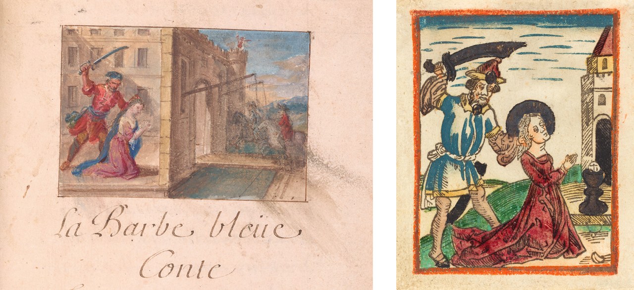 Fig. 2 A sinistra: Anonimo disegnatore della fine del XVII secolo, Disegno di apertura del racconto di Barbabl&ugrave;, 1695, New York, Morgan Library (wikimedia commons)]. A destra: Maestro tedesco, Martirio di Santa Barbara, 1480-1490 (EDTABT, Artokoloro Quint Lox Limited/ Alamy Stock Photo)
