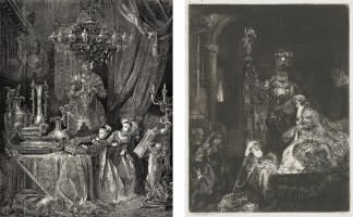 Fig. 4 A sinistra: Gustave Dor&eacute;, La sposa e i suoi amici visitano il castello, 1862 (Wikimedia Commons). A destra: Rembrandt va Rijn, Presentazione al tempio, 1654, Amsterdam, Rijksmuseum (Wikimedia Commons)

