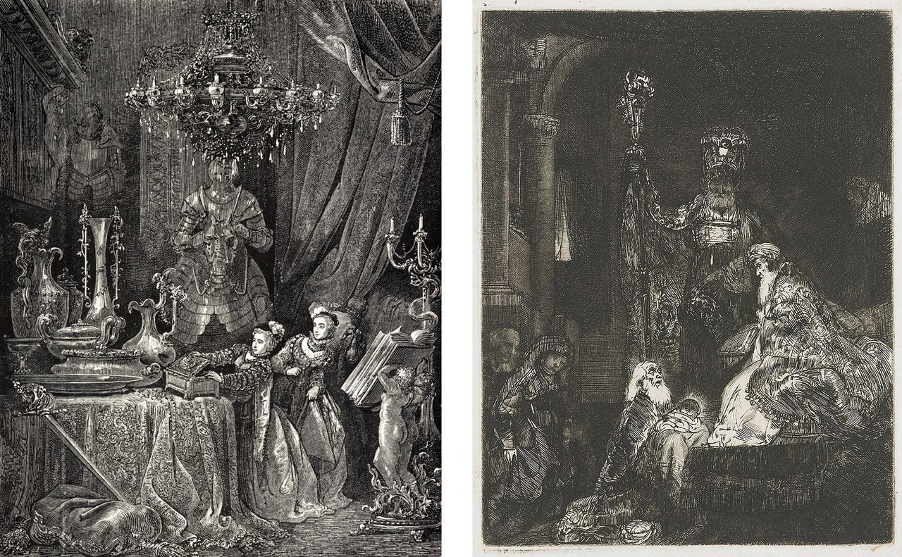 Fig. 4 A sinistra: Gustave Dor&eacute;, La sposa e i suoi amici visitano il castello, 1862 (Wikimedia Commons). A destra: Rembrandt va Rijn, Presentazione al tempio, 1654, Amsterdam, Rijksmuseum (Wikimedia Commons)
