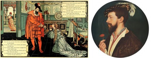 Fig. 6 A sinistra: Walter Crane, La sposa supplica Barbalb&ugrave;, The sleeping beauty picture book, New York 1911 (Wikimedia Commons). A destra: Hans Holbein, Ritratto di Simon George, 1535 circa, Francoforte, St&auml;delsches Kunstintitut (Wikimedia Commons
