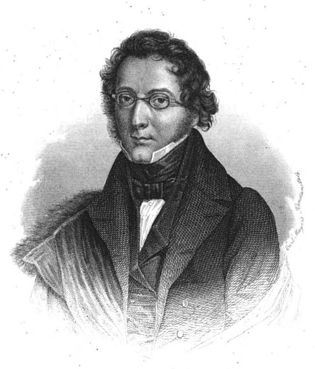 Fig. 4 Ludwig Bechstein, Incisione xilografica. In: Deutscher Musenalmanach, N&uuml;rnberg 1852 (Wikimedia Commons). Il suo M&auml;rchenbuch (1845) contiene la variante Das M&auml;rchen vom Ritter Blaubart. 
