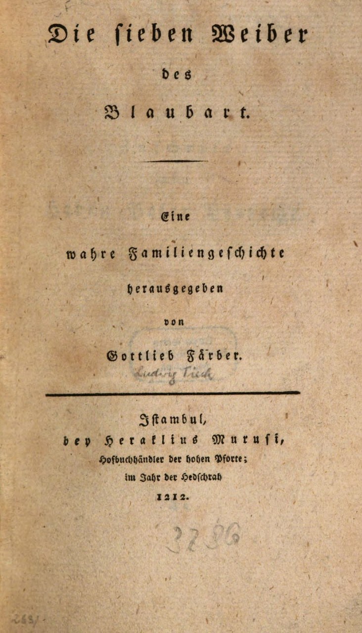 Fig. 7 Frontespizio edizione originale di Die sieben Weiber des Blaubarts di Ludwig Tieck.

