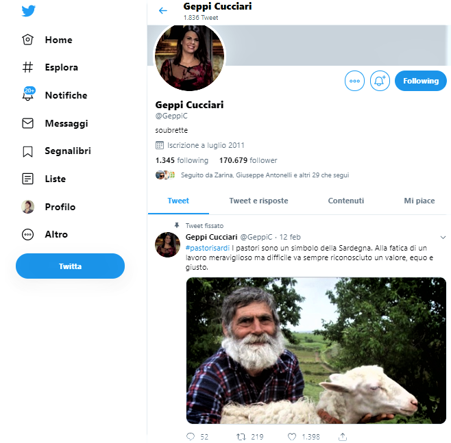 Fig. 4 Il profilo Twitter di Geppi Cucciari con il tweet sui pastori sardi
