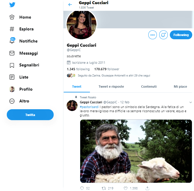 Fig. 4 Il profilo Twitter di Geppi Cucciari con il tweet sui pastori sardi
