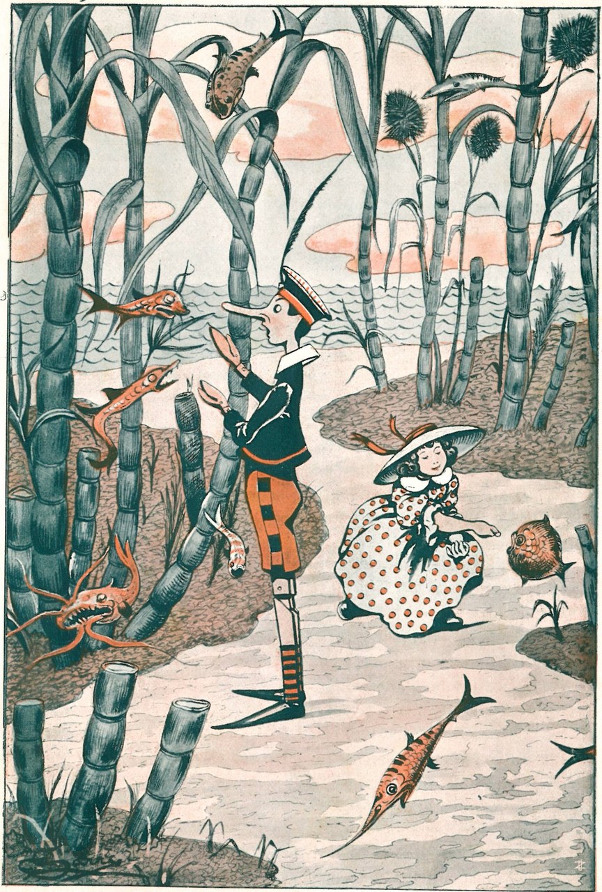 Fig. 3. Corrado Sarri, Anche Pinocchio aveva i suoi pesciolini favoriti..., in Tommaso Catani, Pinocchio nella luna, Firenze, Bemporad &amp; Figlio, 1924
