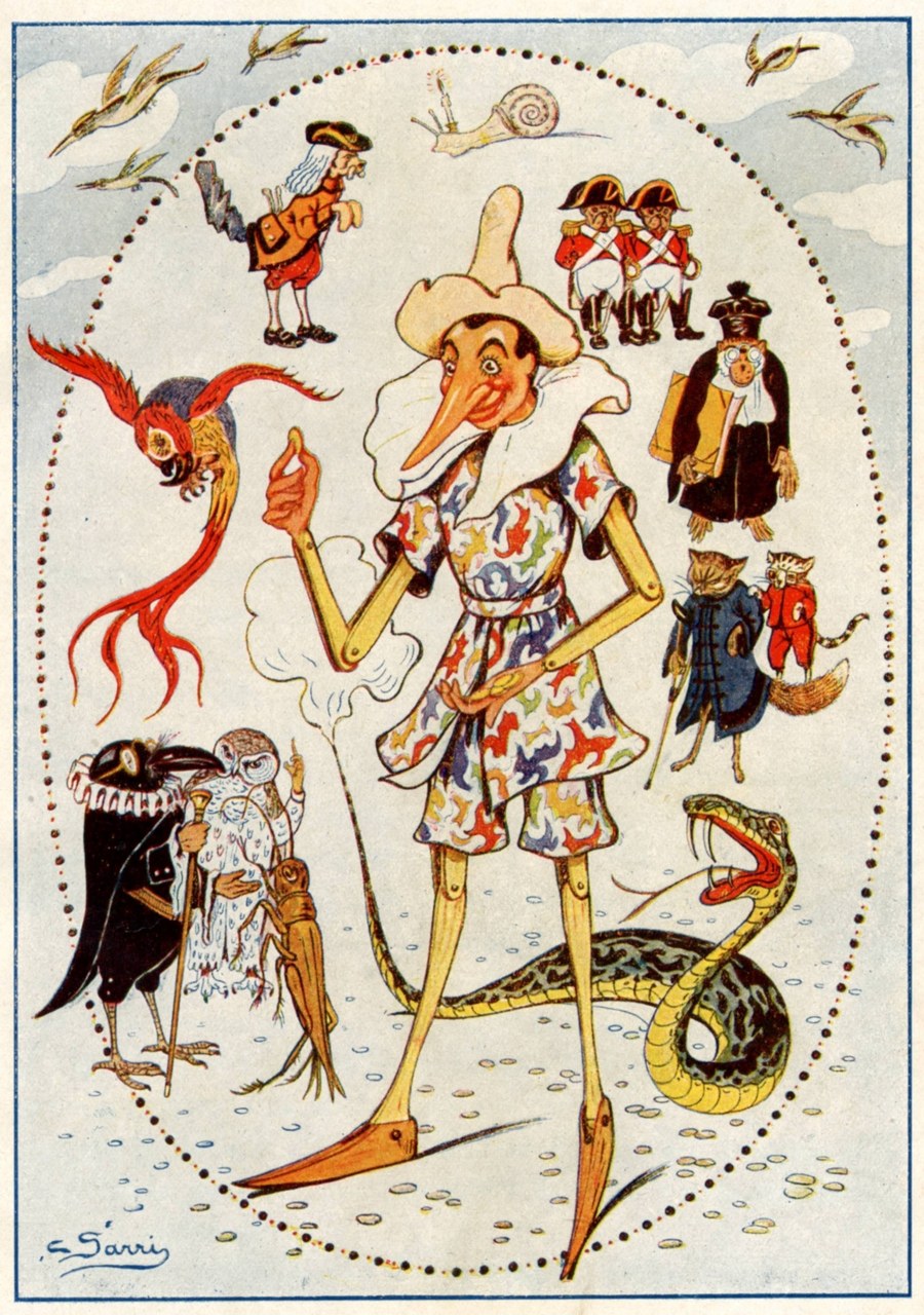 Fig. 6. Corrado Sarri, Pinocchio ed i personaggi del Libro, in Carlo Collodi, Le avventure di Pinocchio. Storia di un burattino, Sancasciano Val di Pesa (Firenze), Societ&agrave; Editrice Toscana, [1923]
