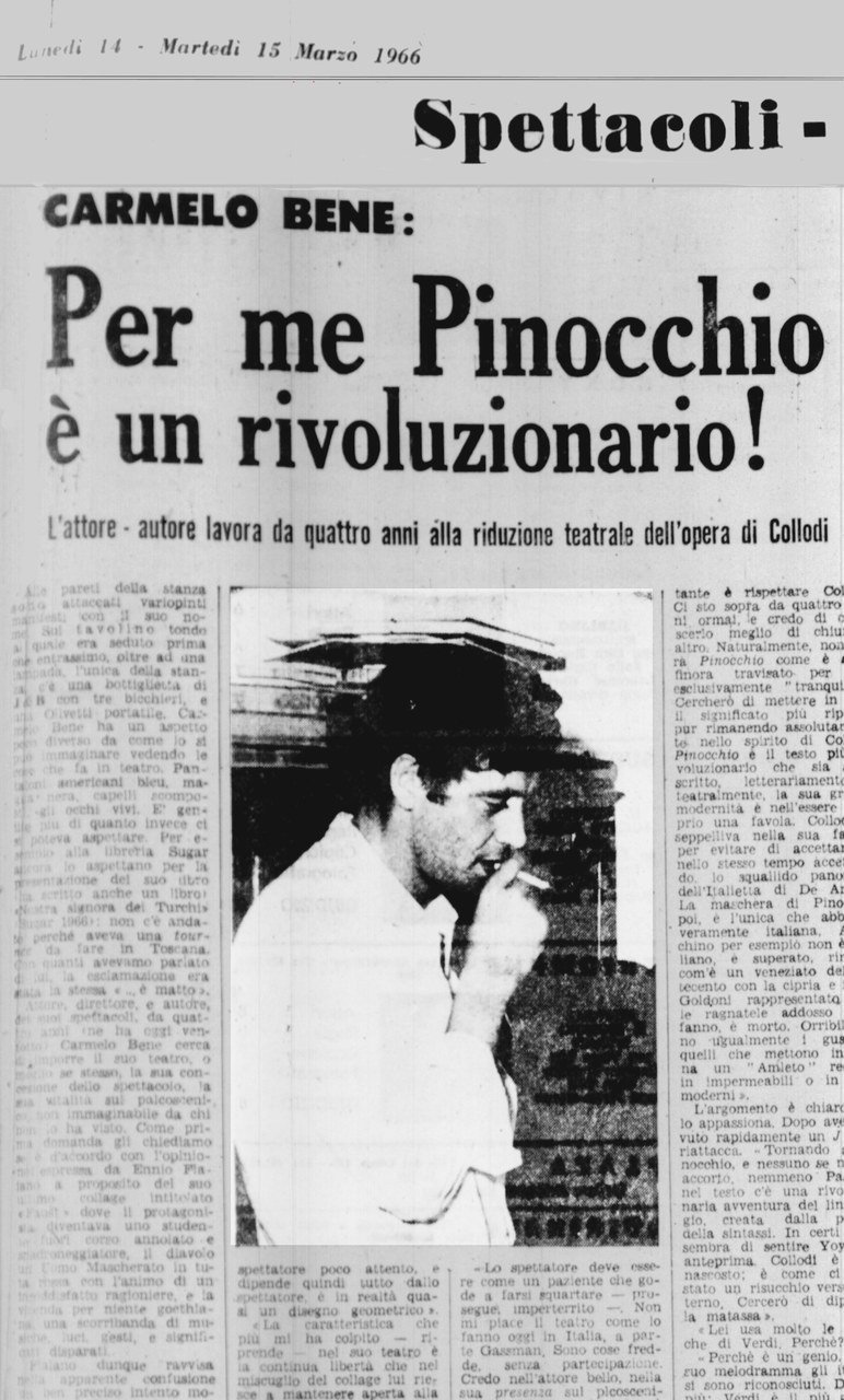 Fig. 2. Stralcio da F. Pisa, &#39;Per me Pinocchio &egrave; un rivoluzionario&#39;,&nbsp;Momento Sera, 14-15 marzo 1966

