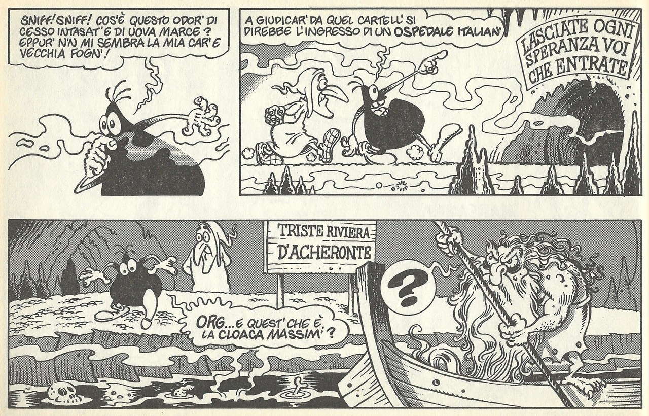 Moreno Burattini, Giorgio Sommacal,&nbsp;L&rsquo;ingresso all&rsquo;inferno di Cattivik, in&nbsp;Un&rsquo;avventura infernale, 1992, tav. 9
