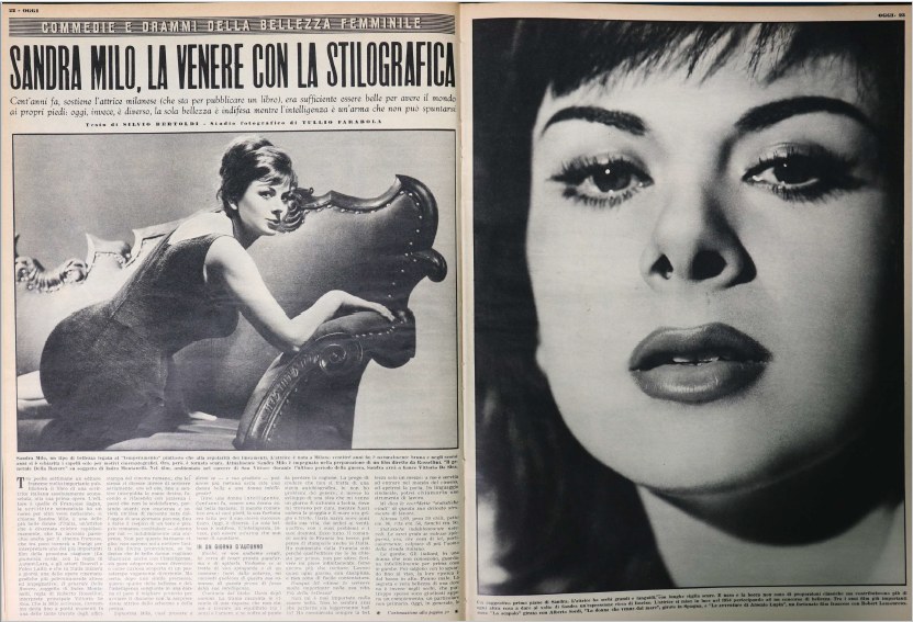 Fig. 4 Silvio Bertoldi, &lsquo;Sandra Milo. La Venere con la stilografica&rsquo;, Oggi, XV, 27, 2 luglio 1959, pp. 22-23

