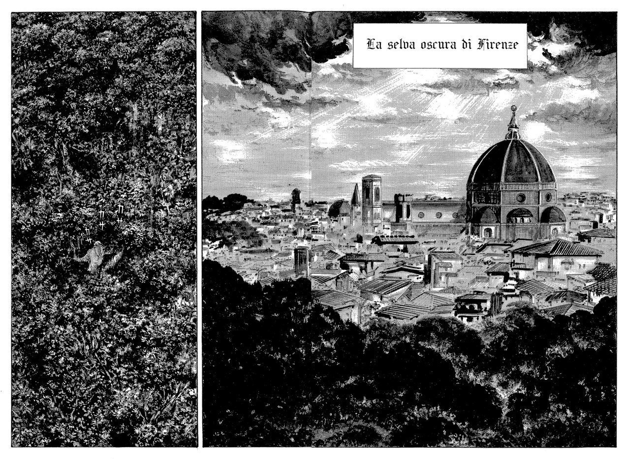 Go Nagai, Dante si smarrisce nella selva, nei pressi di una Firenze poco medievale, 1994,&nbsp;vol. 1, tav. 1
