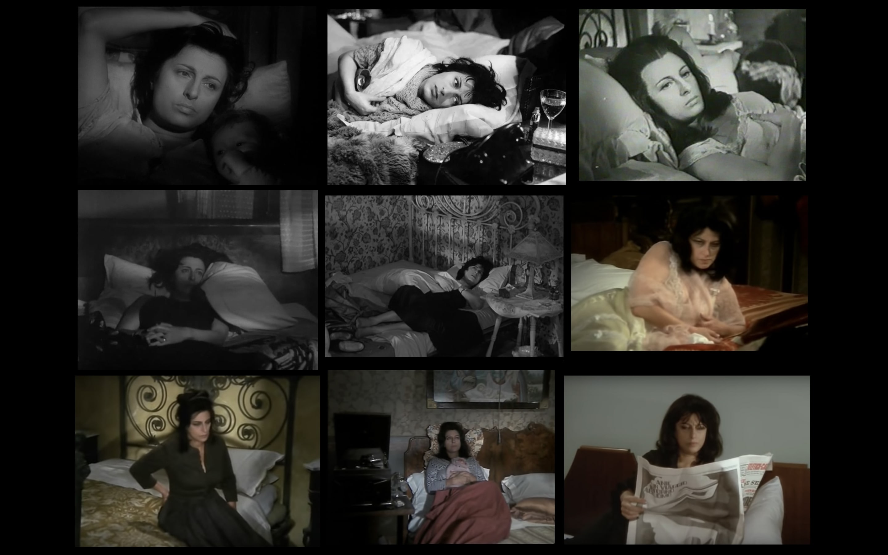Fig.1 | Le donne sul letto nell&rsquo;opera di Anna Magnani: Screenshot da terzi dai film: L&rsquo;onorevole Angelina (Zampa, 1946); L&rsquo;amore (Rossellini, 1948); Assunta Spina (Mattoli, 1948); Wild Is The Wind (Cukor, 1957); The Fugitive Kind (Lumet, 1960); La sciantosa (Giannetti, 1971); Correva l&rsquo;anno di grazia 1870 (Giannetti, 1971); 1943: un incontro (Giannetti, 1971); L&rsquo;automobile (Giannetti, 1971).
