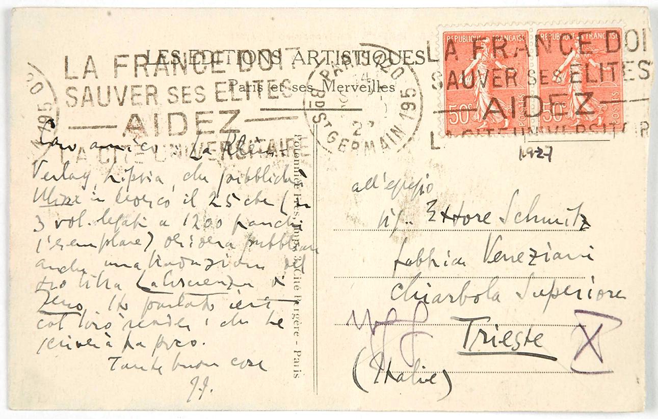 Fig. 5 Cartolina illustrata di James Joyce a Italo Svevo da Parigi, 1927 (retro) &copy;Museo LETS
