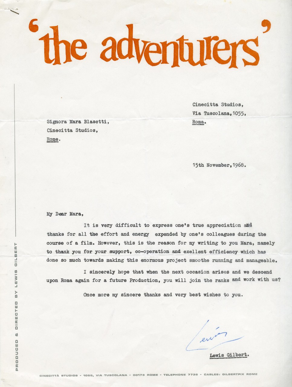 Fig. 3 Lettera di ringraziamento di Lewis Gilbert a Mara Blasetti in occasione di &ldquo;The Adventurers&rdquo; (15 Novembre 1968) &ndash; Archivio Mara Blasetti Fondazione Cineteca di Bologna
