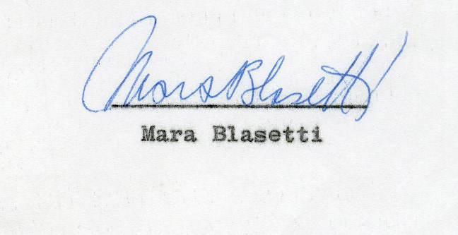 Fig. 6 Firma di Mara Blasetti &ndash; Archivio Mara Blasetti Fondazione Cineteca di Bologna
