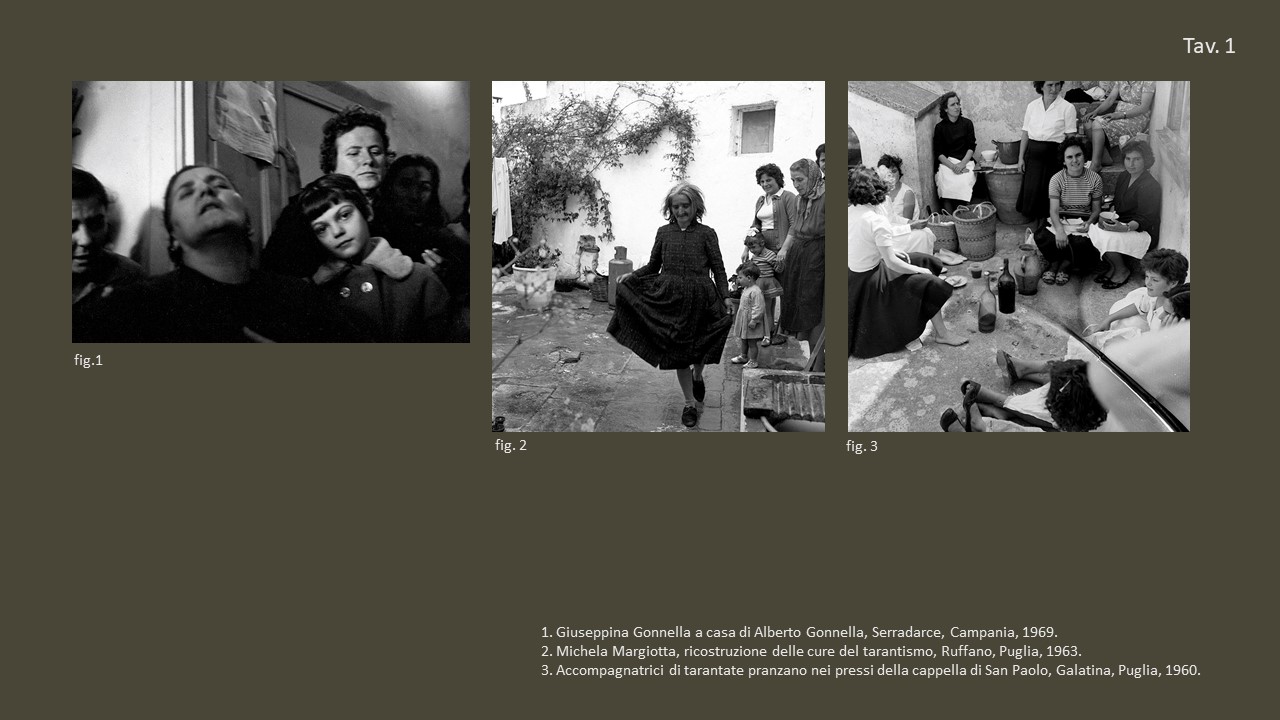 Tav. 1

&nbsp;

fig. 1 Giuseppina Gonnella a casa di Alberto Gonnella, Serradarce, Campania, 1969, &copy;&nbsp;Fondo Annabella Rossi, Archivio storico e fotografico del Muciv, Museo delle Civilt&agrave;, Roma.

&nbsp;

fig. 2 Michela Margiotta, ricostruzione delle cure del tarantismo, Ruffano, Puglia, 1963, &copy;&nbsp;Fondo Annabella Rossi, Archivio storico e fotografico del Muciv, Museo delle Civilt&agrave;, Roma.

&nbsp;

fig. 3 Accompagnatrici di tarantate pranzano nei pressi della cappella di San Paolo, Galatina, Puglia, 1960, &copy;&nbsp;Fondo Annabella Rossi, Archivio storico e fotografico del Muciv, Museo delle Civilt&agrave;, Roma.

