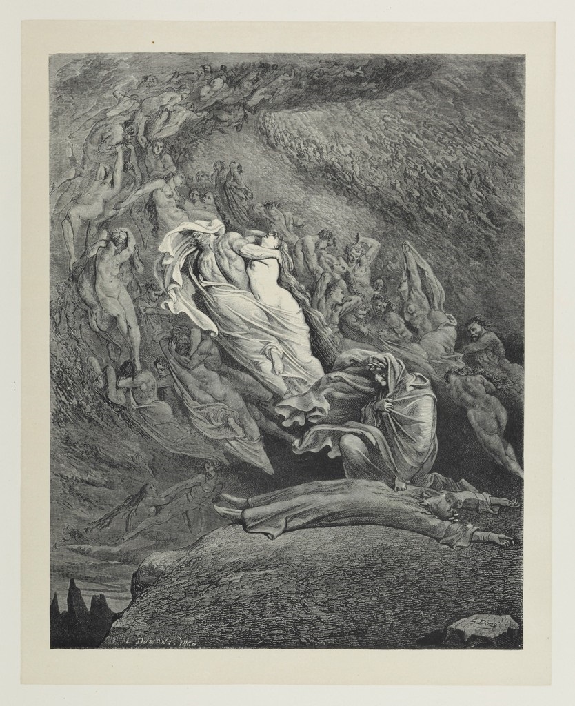 fig. 8 Gustave Dor&eacute;,&nbsp;E caddi come corpo morto cade (Inferno, canto V), 1861
