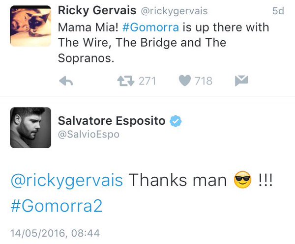 Il tweet di apprezzamento a Gomorra - La serie del comico britannico Ricky Gervais
