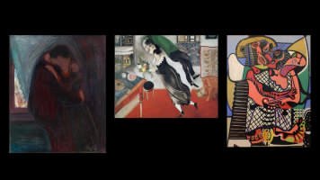 figg. 6-7-8 Eduard Much,&nbsp;Il bacio, 1897; Marc Chagall,&nbsp;Compleanno, 1915;&nbsp;Pablo Picasso,&nbsp;Il bacio, 1925
