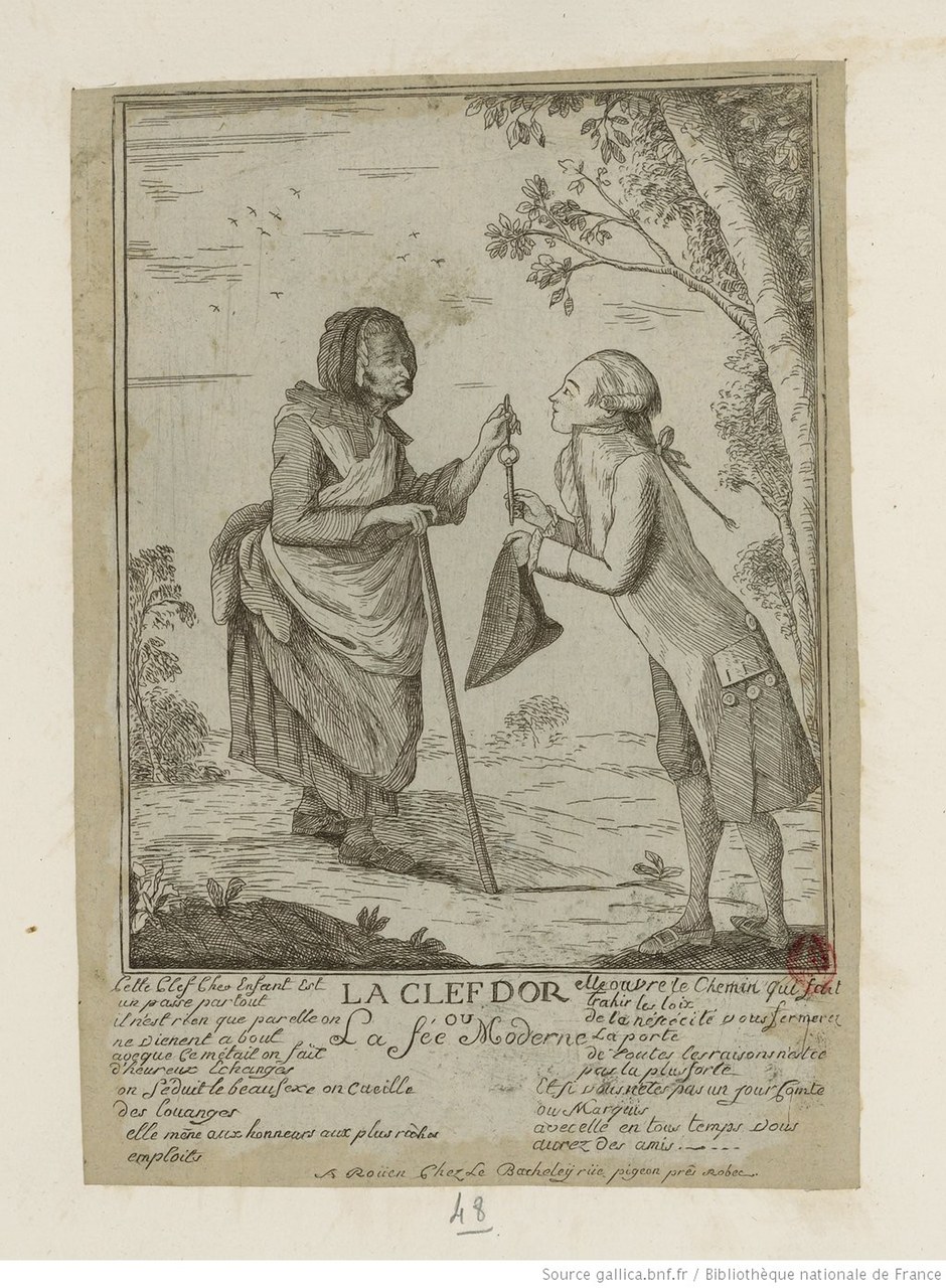 Fig. 1 Jacques Bacheley (1712-1781), La clef d&rsquo;or ou La F&eacute;e Moderne. Graveur (gallica.bnf.fr / BNF).
