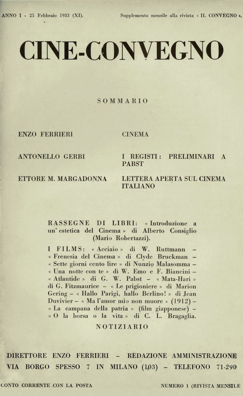 Fig. 2 La copertina del primo numero di Cineconvegno, 25 febbraio, 1933
