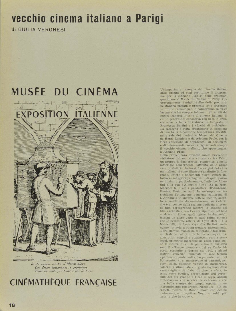 Fig. 4 &lsquo;Vecchio Cinema Italiano a Parigi&rsquo;, articolo di Giulia Veronesi pubblicato su Ferrania, luglio 1954, p. 18
