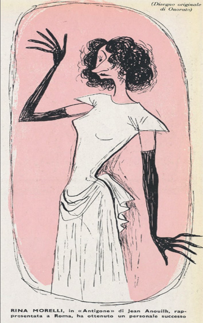 Rina Morelli caricaturizzata come Antigone, Il Dramma, nn. 2-3, dicembre 1945 (Centro Studi del Teatro Stabile di Torino).&nbsp;
