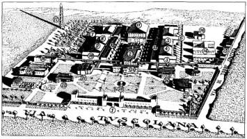 Fig. 7 Pianta prospettica generale della Citt&agrave; del Cinema (futura Cinecitt&agrave;), poi soggetta a modifiche, illustrata e discussa sul primo numero della rivista Cinema, luglio 1936, p. 13
