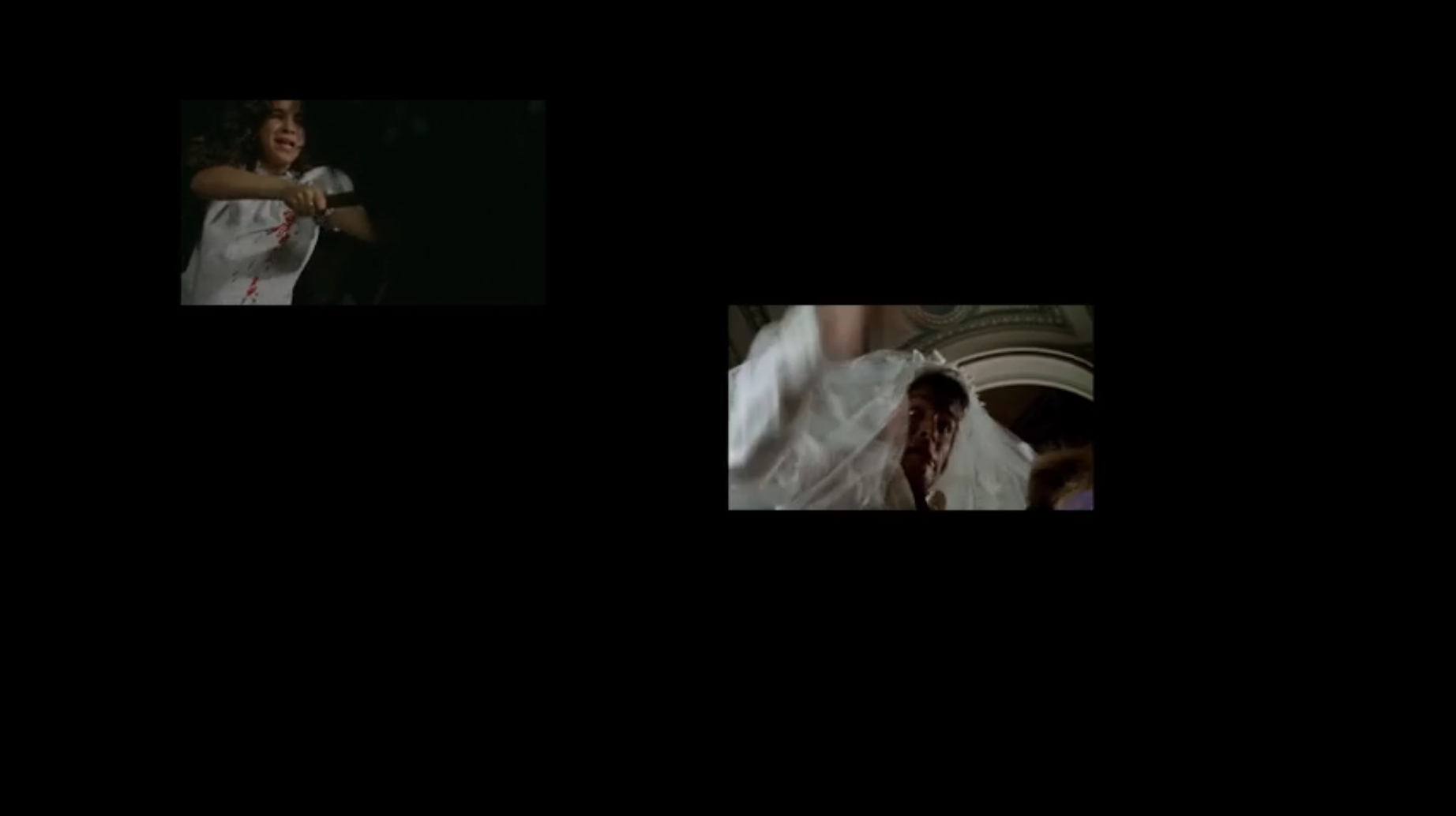 Fig. 5 Un&rsquo;immagine della video-installazione 10/100/1000 modi di finire ammazzati nel giallo italiano proiettata in occasione della mostra I sensi del giallo. Il corpo (del reato) tra inganno ed evidenza (Milano, Universit&agrave; IULM, 14 marzo-10 aprile 2025)
