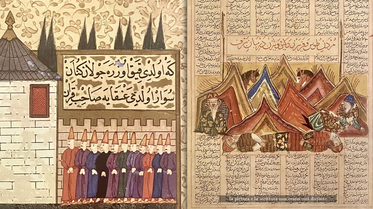 Fig. 5 Un frame della videointervista inedita a Orhan Pamuk Memorie di un aspirante pittore proiettata in uno degli spazi espositivi della mostra Orhan Pamuk. Parole e immagini, a cura di Edoardo Pepino (Fontanellato (PR), Labirinto della Masone di Franco Maria Ricci, 18 novembre 2023-17 marzo 2024)
