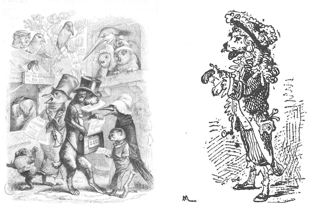 Fig. 1. Grandville, Les Animaux peints par eux-m&ecirc;mes, illustrazione per Sc&egrave;nes de la vie priv&eacute;e et publique des animaux (1840); a destra Enrico Mazzanti, Medoro, illustrazione da Pinocchio (1883)&nbsp;

