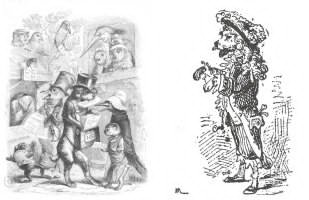 Fig. 1. Grandville, Les Animaux peints par eux-m&ecirc;mes, illustrazione per Sc&egrave;nes de la vie priv&eacute;e et publique des animaux (1840); a destra Enrico Mazzanti, Medoro, illustrazione da Pinocchio (1883)&nbsp;
