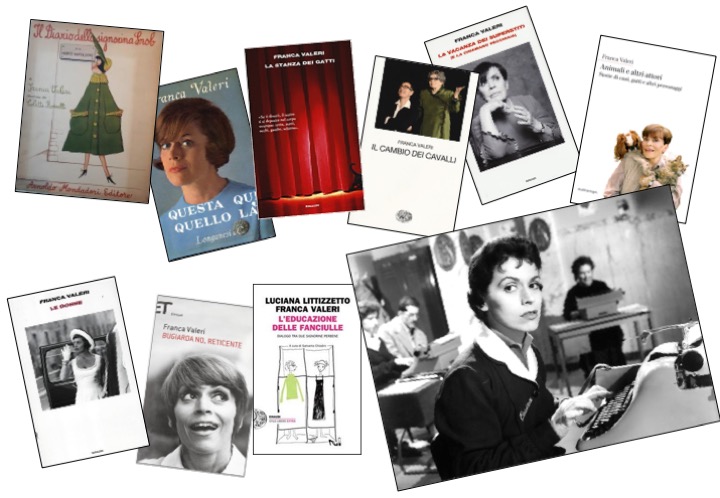Alcuni libri di Franca Valeri e l&rsquo;attrice che interpreta Cesira nel Segno di Venere&nbsp;di Dino Risi, 1955
