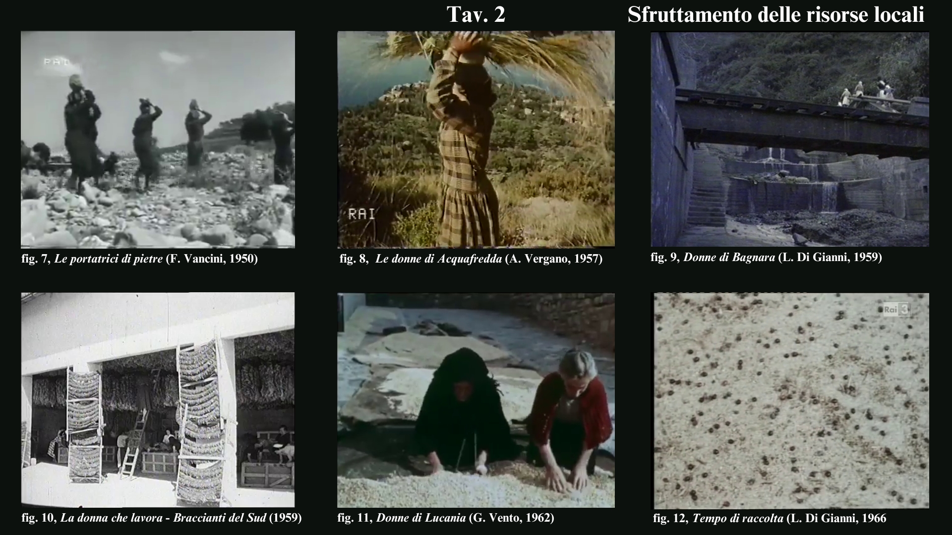 Tav. 2

&nbsp;

fig. 7 F. Vancini, Le portatrici di pietra, 1950. Screenshot da terzi

fig. 8 A. Vergano, Le donne di Acquafredda, 1957. Screenshot da terzi

fig. 9 L. Di Gianni, Donne di Bagnara, 1959. Screenshot da terzi

fig. 10 U. Zatterin, G. Salvi, La donna che lavora &ndash; Braccianti del Sud, 1959. Screenshot da terzi

fig. 11 G. Vento, Donne di Lucania, 1962. Screenshot da terzi

fig. 12 L. Di Gianni, Tempo di raccolta, 1966. Screenshot da terzi
