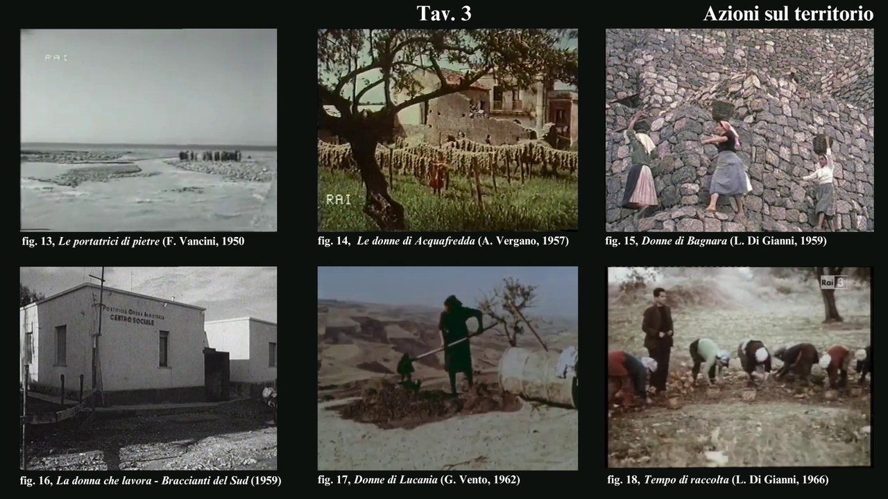 Tav. 3

&nbsp;

fig. 13 F. Vancini, Le portatrici di pietra, 1950. Screenshot da terzi

fig. 14 A. Vergano, Le donne di Acquafredda, 1957. Screenshot da terzi

fig. 15 L. Di Gianni, Donne di Bagnara, 1959. Screenshot da terzi

fig. 16 U. Zatterin, G. Salvi, La donna che lavora &ndash; Braccianti del Sud, 1959. Screenshot da terzi

fig. 17 G. Vento, Donne di Lucania, 1962. Screenshot da terzi

fig. 18 L. Di Gianni, Tempo di raccolta, 1966. Screenshot da terzi
