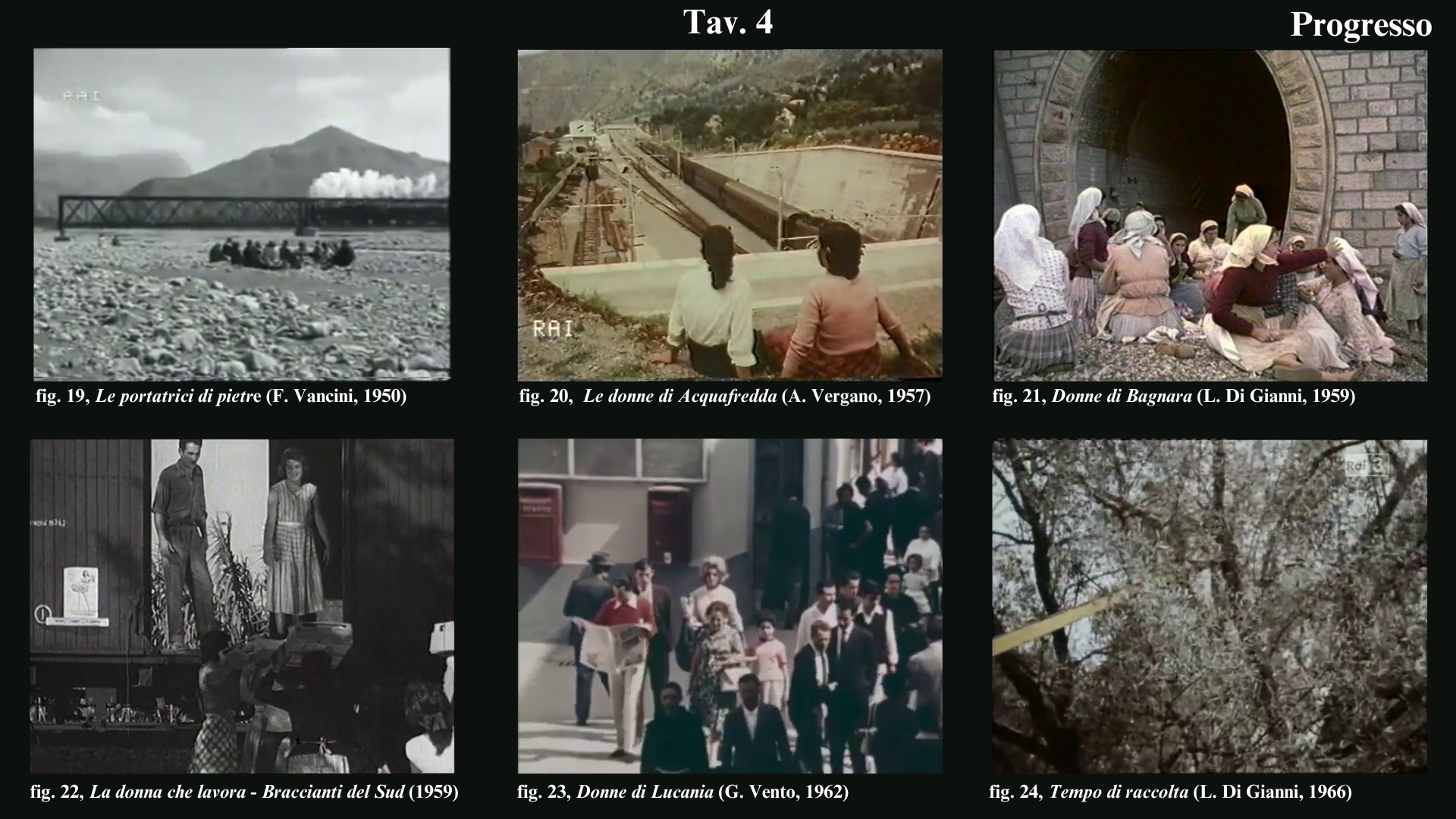 Tav. 4

&nbsp;

fig. 19 F. Vancini, Le portatrici di pietra, 1950. Screenshot da terzi

fig. 20 A. Vergano, Le donne di Acquafredda, 1957. Screenshot da terzi

fig. 21 L. Di Gianni, Donne di Bagnara, 1959. Screenshot da terzi

fig. 22 U. Zatterin, G. Salvi, La donna che lavora &ndash; Braccianti del Sud, 1959. Screenshot da terzi

fig. 23 G. Vento, Donne di Lucania, 1962. Screenshot da terzi

fig. 24 L. Di Gianni, Tempo di raccolta, 1966. Screenshot da terzi
