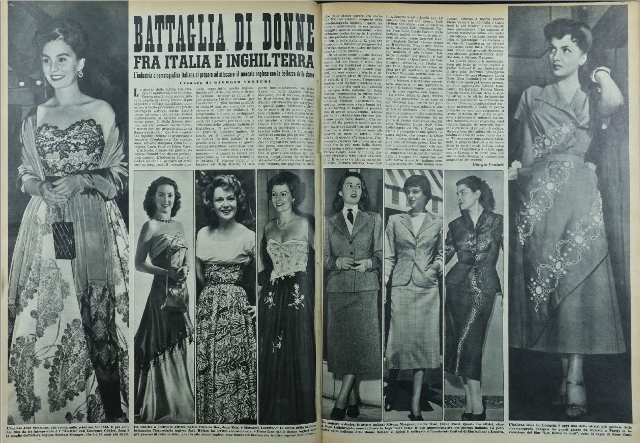 Fig. 1 Articolo di Giorgio Venturi &lsquo;Battaglia di donne tra Italia e Inghilterra. L&rsquo;industria italiana si prepara ad attaccare il mercato inglese con la bellezza delle donne&rsquo;, Oggi, 17, 24 aprile 1952, pp. 8-9
