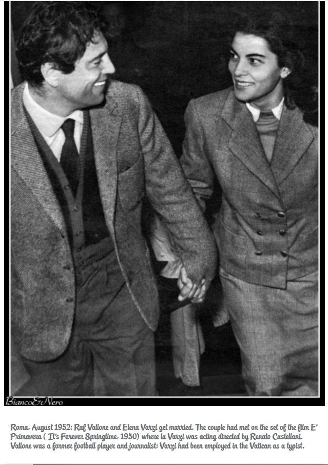 Fig. 2 Vallone e Varzi nell&rsquo;agosto 1952, pochi giorni dopo il loro matrimonio, avvenuto il 27 luglio. Fotografia su &lt;https://www.tumblr.com/search/raf+vallone+and+elena+varzi e&nbsp;https://oggisposi-oggisposi.blogspot.com/2020/04/&gt;
